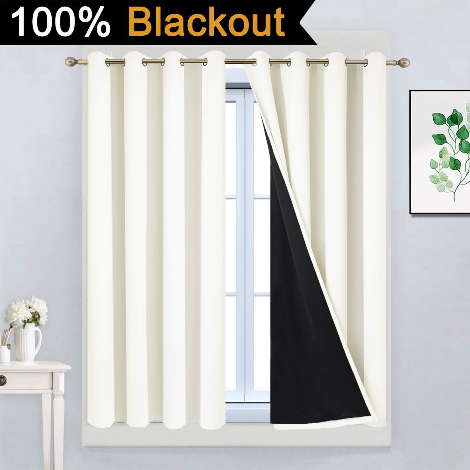 Yakamok 100% Blackout Curtains with Black Liners, Thermal Insulated, Noise Reduction, Soundproof, 2 Panels, 52"W x 63"L, Beige 1.6 inch Bla…