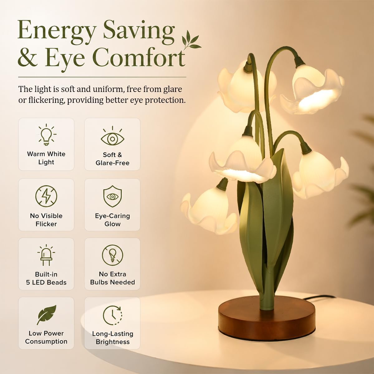 Flower Table Lamp for Bedroom, Cute Reading Light with 5 White Magnolia Flower of The Valley, Desk Lamp Bedside Lamps for Nightstands…