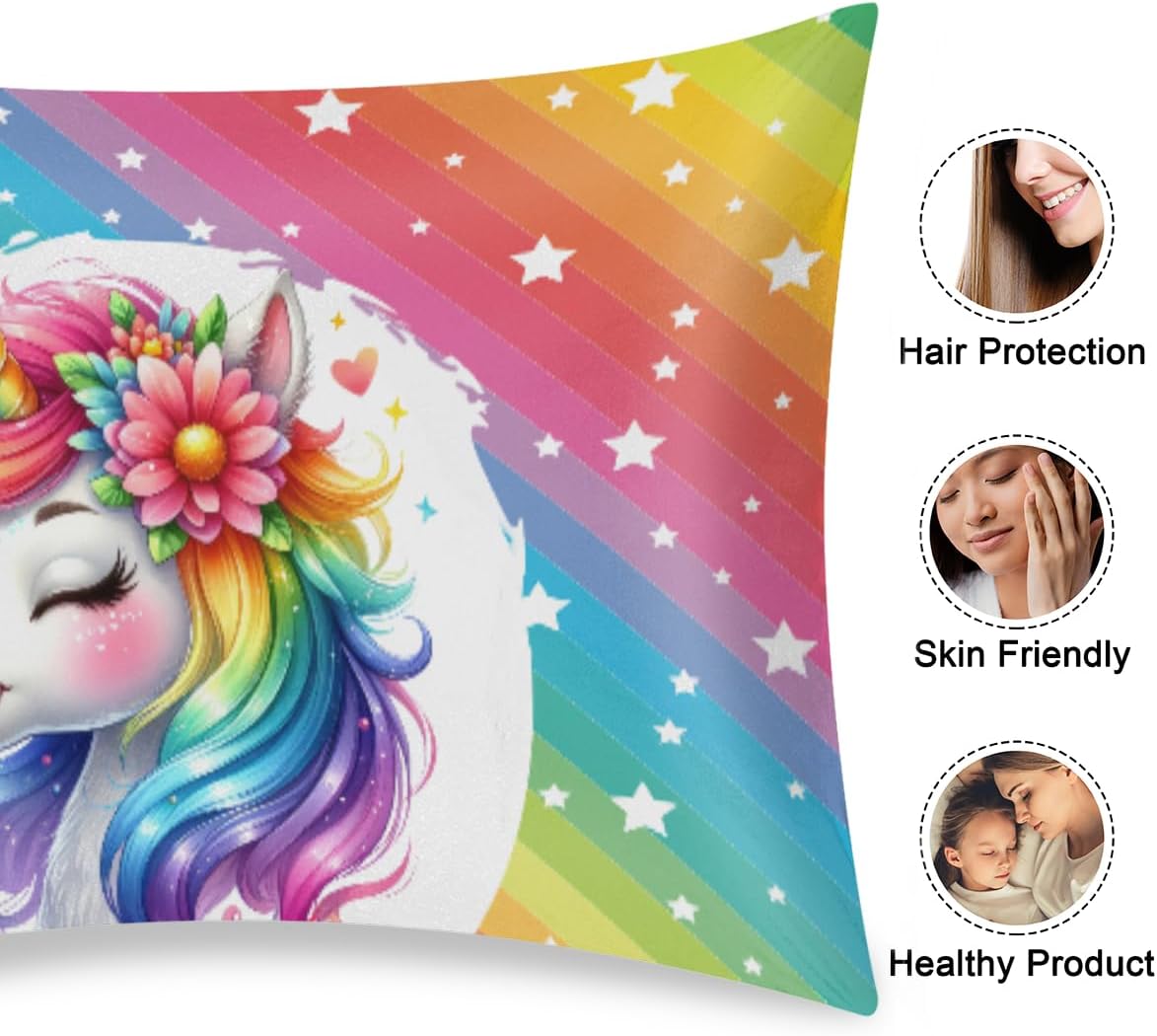 Satin Pillowcase for Hair and Skin Flower Rainbow Unicorn Soft Silk Pillow Case with Envelope Closure Cooling Pillow Cases Slip Standard…