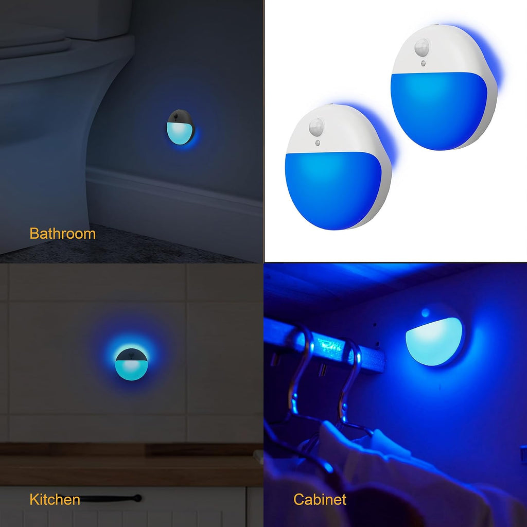 YUNLEX 2 Pack Blue Battery Night Light, Motion Activated Stick on Lights, 2.6" Small Travel Night Light, 3 Light Modes, Very Dim…