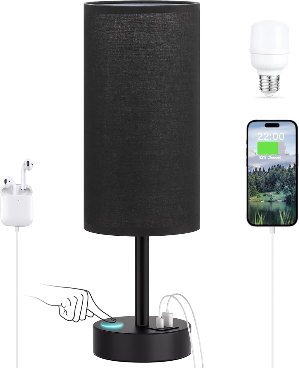 Dicoool Black Touch Bedroom Lamp with USB - 3 Way Dimmable Table Lamp for Bedroom, Nightstand Lamp with Black Charging Station for Desk…