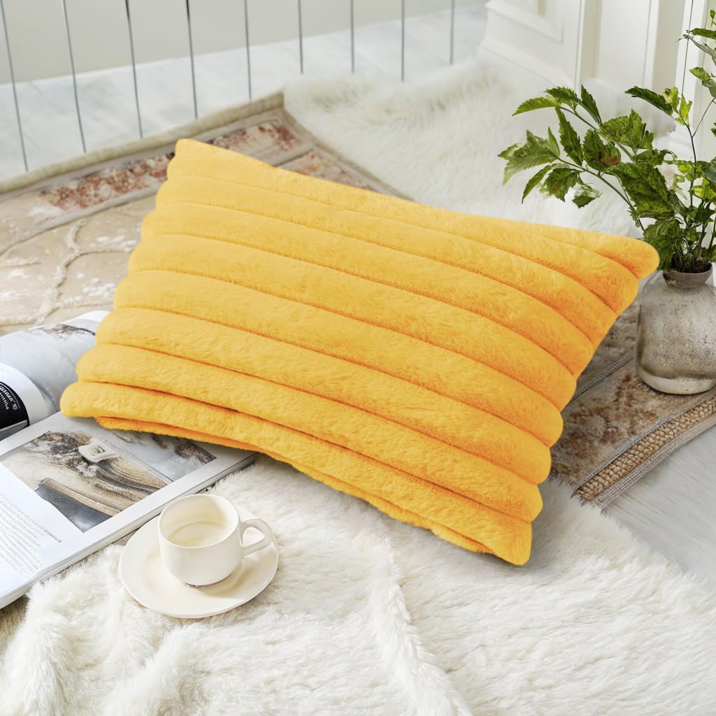 decorUhome Summer Cozy Faux Fur Throw Pillow Covers 12x20 Set of 2 Decorative Plush Striped Lumbar Modern Farmhouse Boho Couch Pillow Cases…