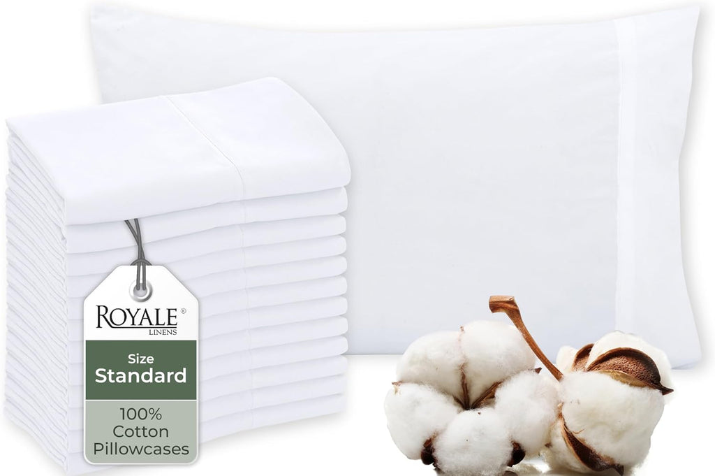 Royalelinens Royale Linens White Cotton Pillow Cases Standard Size Set of 12 - Bed Pillow Covers - 100% Cotton Pillowcases - Soft & Cooling…