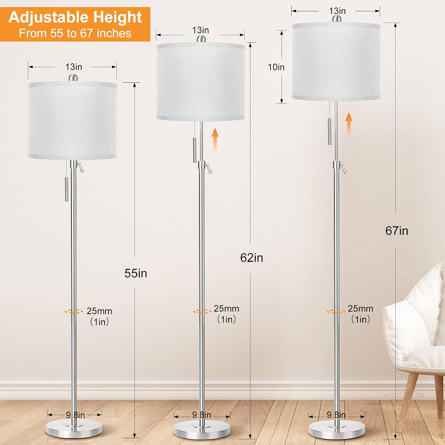 Brushed Nickel Floor Lamp for Living Room, Adjustable Height Standing Lamp with Metal Base, Tall Pole Light with Grey Shade for Bedroom…