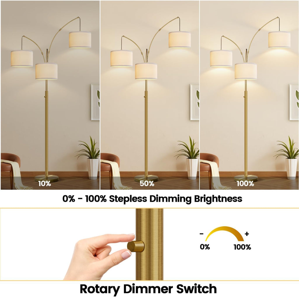 Nintiue Dimmable Floor Lamp - 3 Lights Brass Arc Floor Lamps for Living Room, 1000LM Modern Tall Standing Lamp with Linen Shades, Mid…