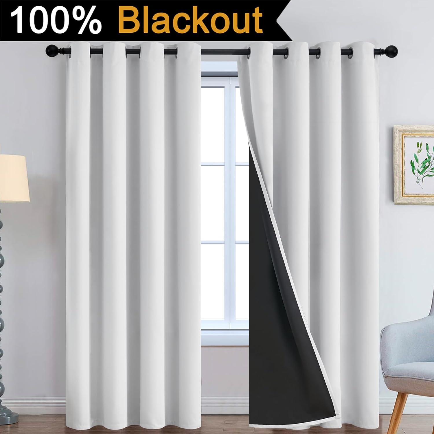 Yakamok 100% Blackout Curtains 96 Inches Long, 2 Thick Layers Heat and Full Light Blocking Soft Thermal Insulated Drapes for Bedroom(52" Wi…