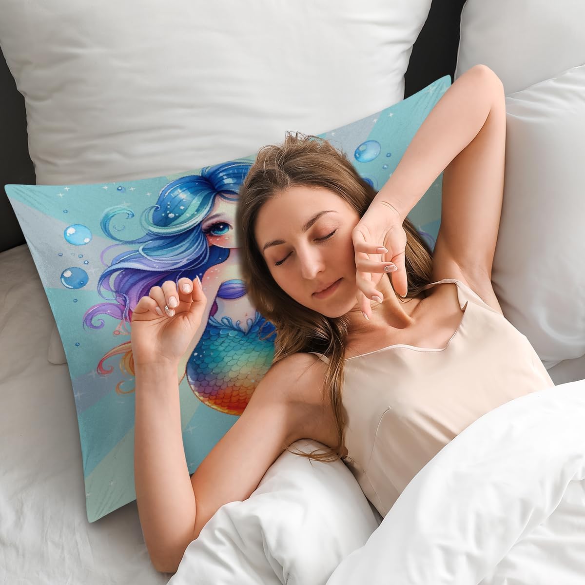 Satin Pillowcase for Hair and Skin Rainbow Mermaid Girls Soft Silk Pillow Case with Envelope Closure Cooling Pillow Cases Slip Standard…