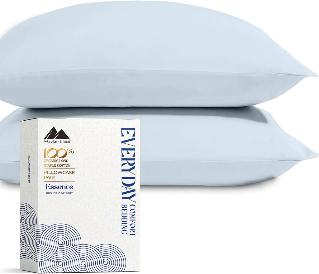 Mayfair Linen 100% Organic Cotton Percale Pillow Cases Queen/Standard Size Set of 2 - Percale Pillowcovers Standard/Queen (Light Blue)…