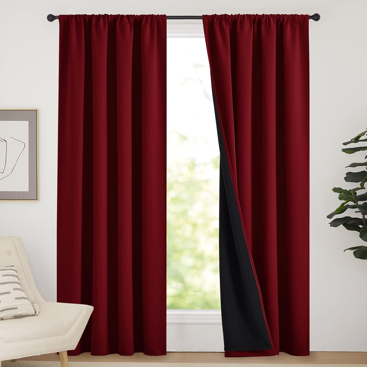 Nicetown 100% Blackout Curtains with Black Liner Backing, Thermal Insulated Panels for Living Room, Noise Reducing Drapes, Burgundy Red, 52…