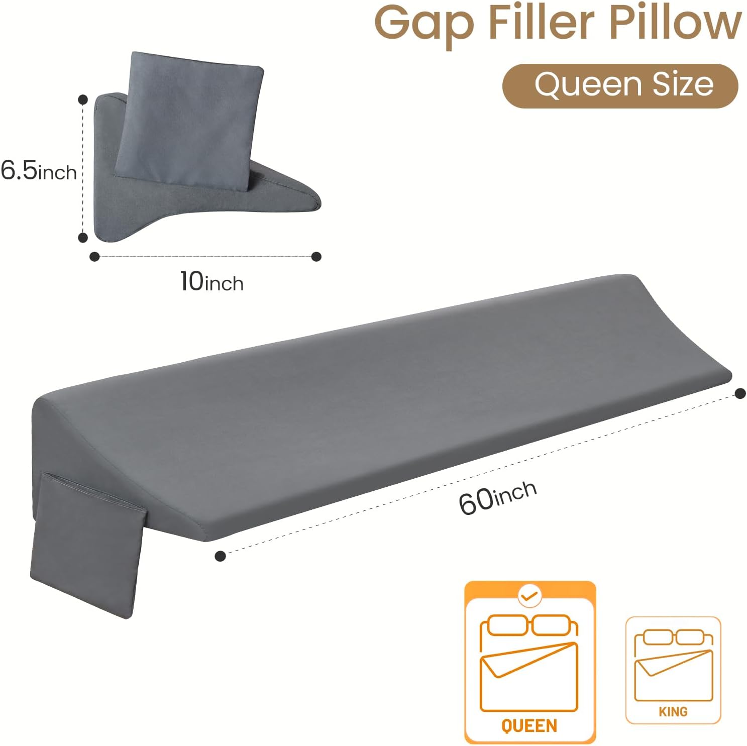 Vekkia Queen Bed Wedge Pillow for Headboard Gap Filler (0–5.5"), Prevents Pillows & Items from Falling, High-Density Foam Mattress Gap…