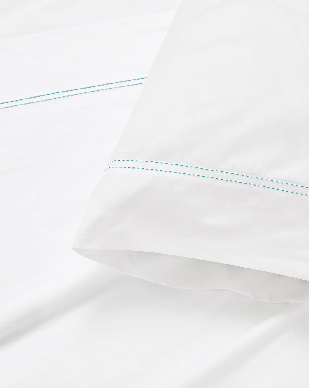 Scout 100% Cotton Percale Pick Stitch 2-Piece King Pillowcases in White/Seafoam, Solid Color, Oeko-TEX Certified Cotton White