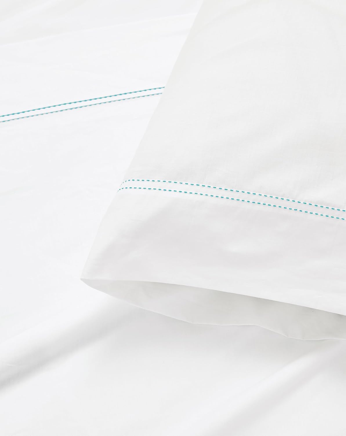 Scout 100% Cotton Percale Pick Stitch 2-Piece King Pillowcases in White/Seafoam, Solid Color, Oeko-TEX Certified Cotton White