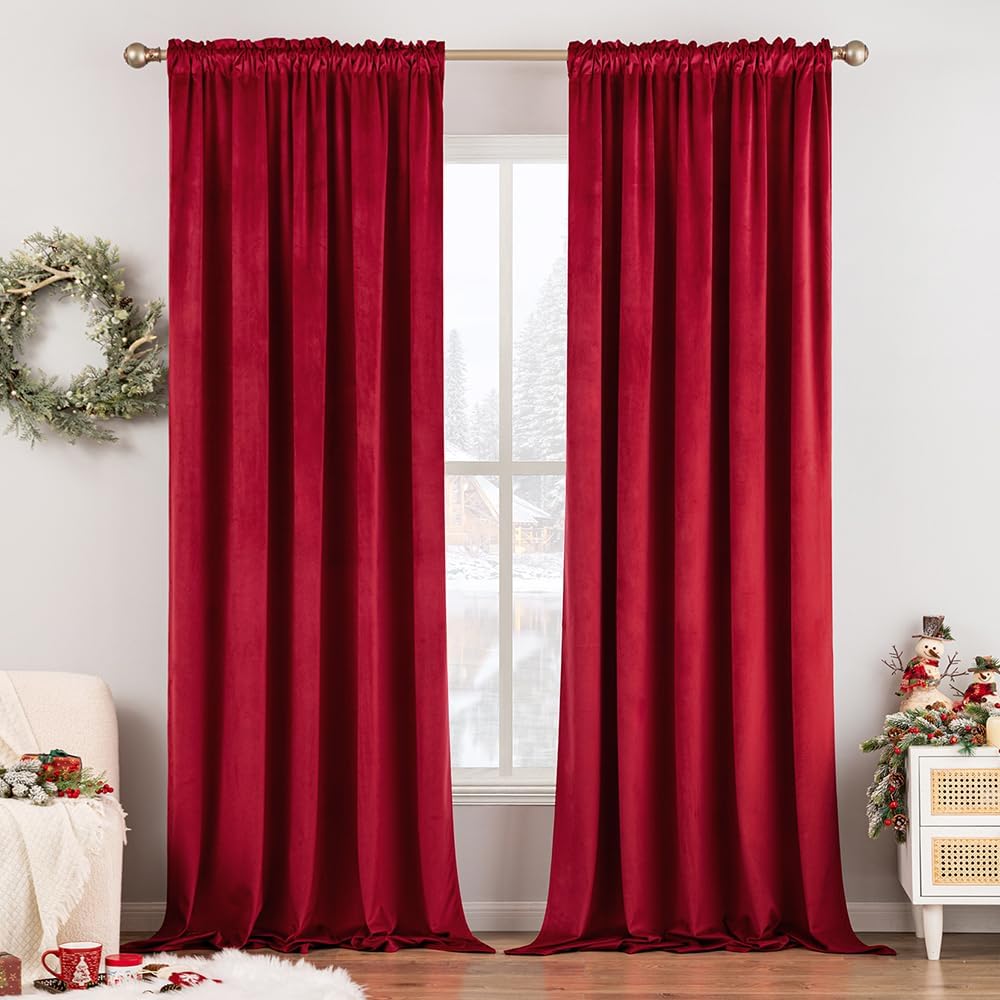 MIULEE Christmas Red Velvet Curtains Thermal Insulated Blackout Curtain Drapes for Bedroom Living Room Darkening 72 Inches Long Curtains…