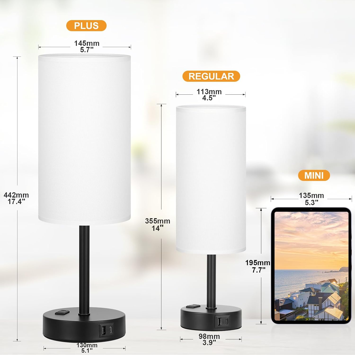 PartageiZ 17.4inches Tall White Bedroom Lamps Set of 2-3 Way Dimmable Touch Table Lamps with USB C and A Ports, Lamps for Nightstand with…