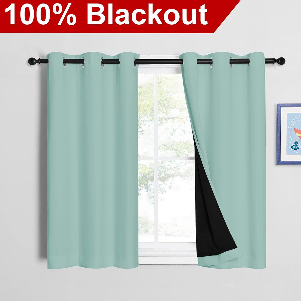 Nicetown Aqua Blue 100% Blackout Curtains 45 inches Long, 2 Thick Layers Completely Blackout Window Treatment Thermal Insulated Lined Drape…