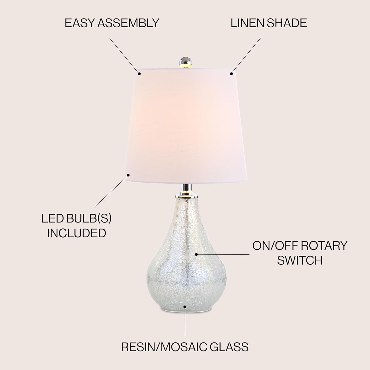 JONATHAN Y 20.5" Mosaic White Coastal Mini LED Table Lamp for Living Room Office, White Linen Drum Shade, Modern Mother of Pearl Bedside…