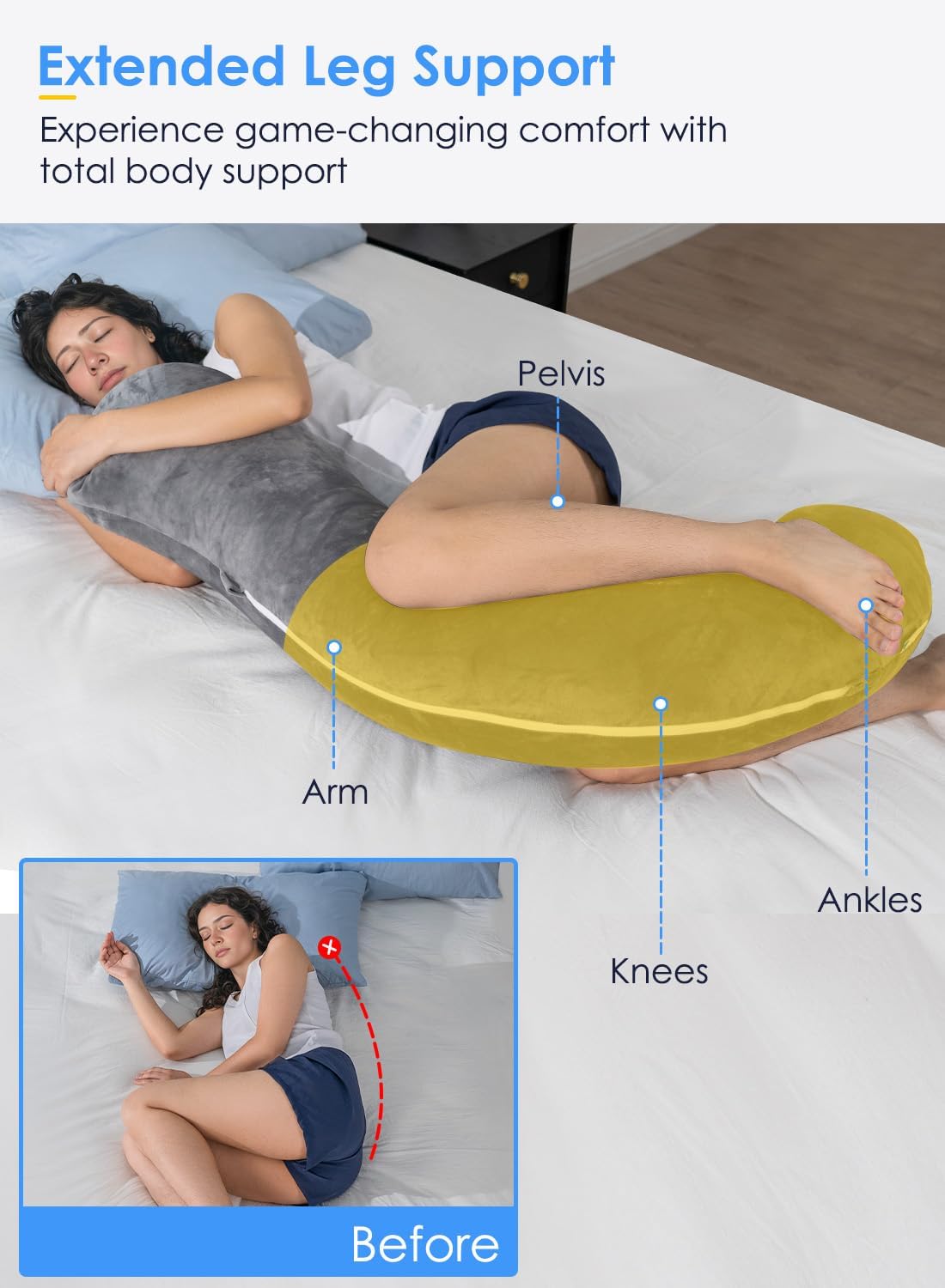Queenrose QUEEN ROSE Body Pillow for Side Sleepers, Soft Comfort S Shaped Hug Pillow for Adults, Full Body Support, Velvet Grey Grey