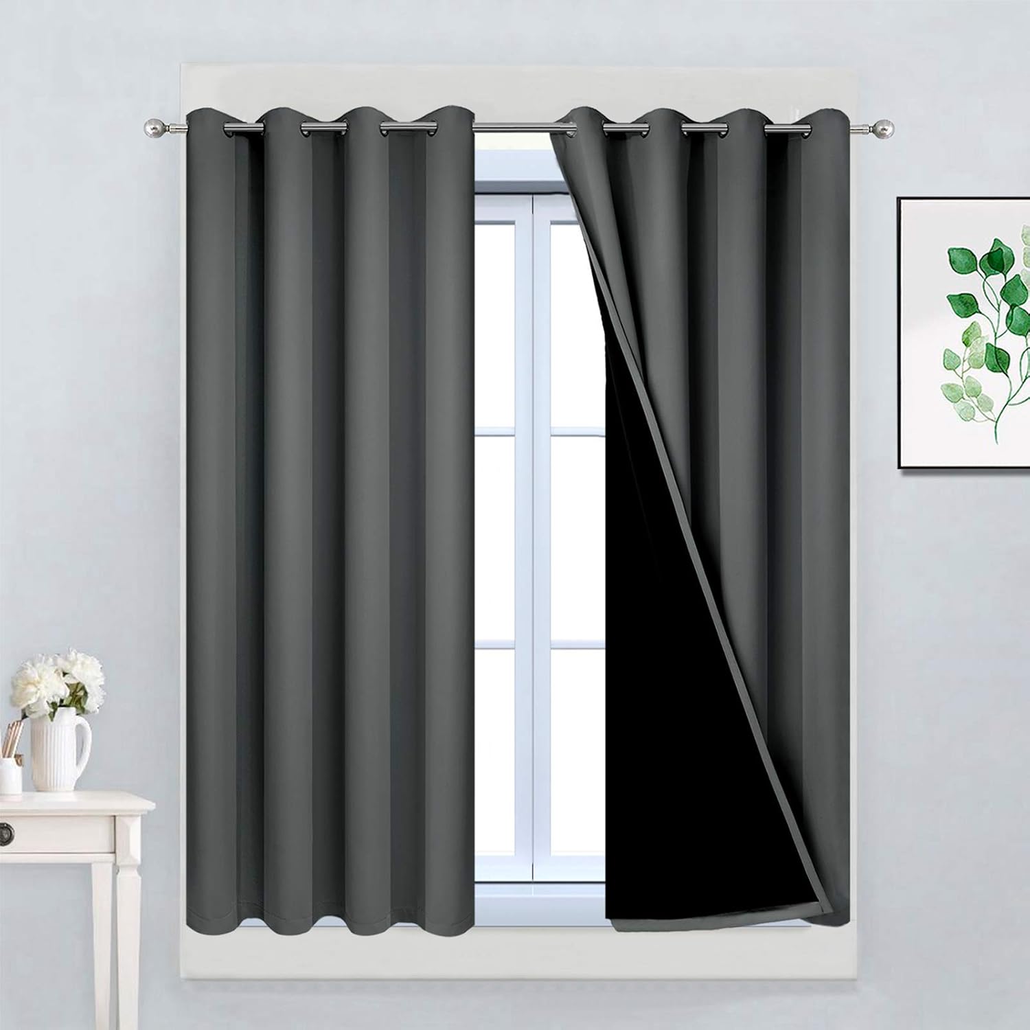 Yakamok Dark Gray 100% Blackout Curtains, Energy Saving Thermal Insulated 2 Thick Layers Total Blackout Drapes with Black Liner for Bedroom…