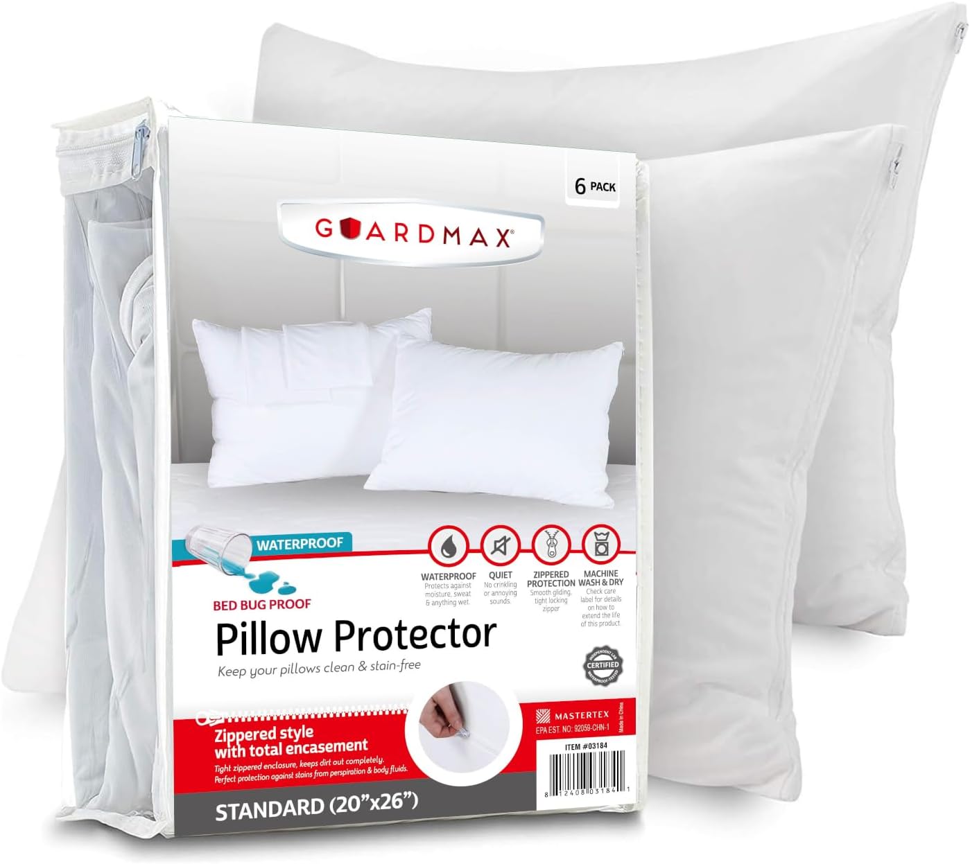 Guardmax Jersey Knitted Pillow Protector with Zipper Standard Size -12 Pack -100% Waterproof, Bed Bug Proof, Dust Mite Proof, &…
