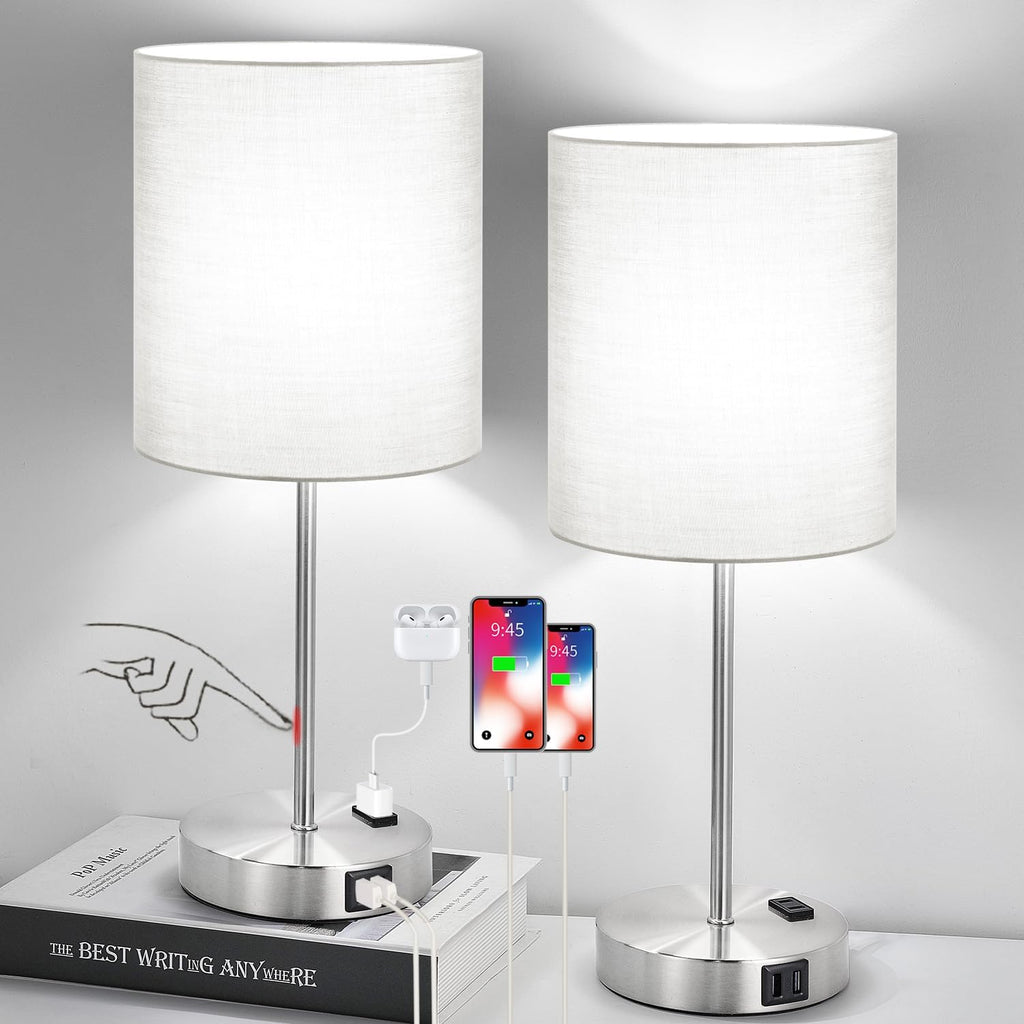 Set of 2 Grey Touch Control Table Lamps with 2 USB Ports & AC Outlet, 3-Way Dimmable Bedside Nightstand Lamps, Desk Lamp for Bedroom…