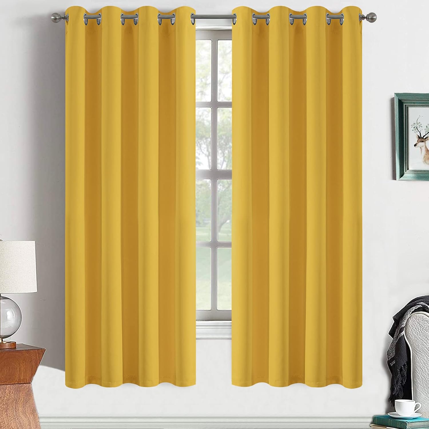 Yakamok Blackout Curtains Room Darkening Thermal Insulated Grommet top Window Curtains for Living Room, 52 x 63 Inch, Mustard Yellow, Set…