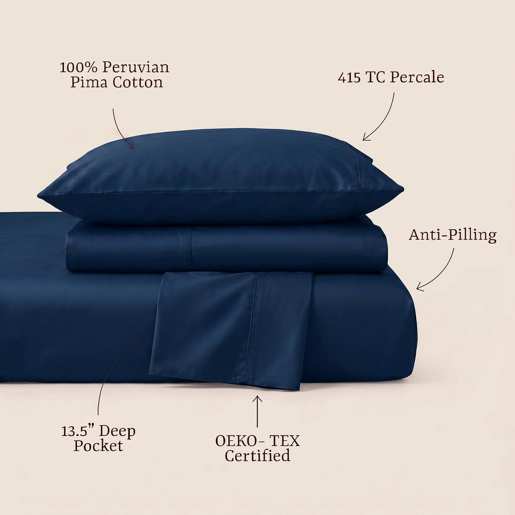 Perupima Peru Pima 415 Thread Count Percal Full Sheet Set - 100% Peruvian Pima Cotton, 4 Piece (Flat, Fitted, 2 Pillowcases) - Cooling, Cri…
