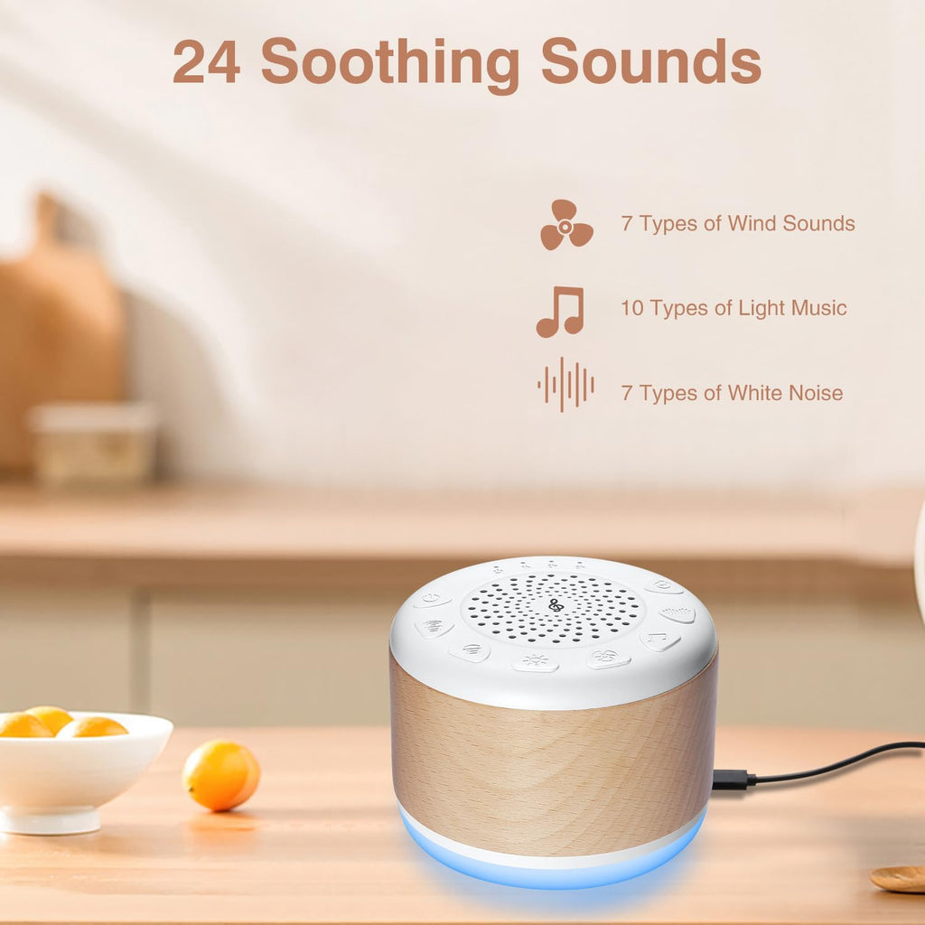 Monerr Solid Wood White Noise Sound Machine for Baby Adults Kids Sleep Sound Machine with 24 Soothing Sounds 8 Colors Night Light Timer Set…