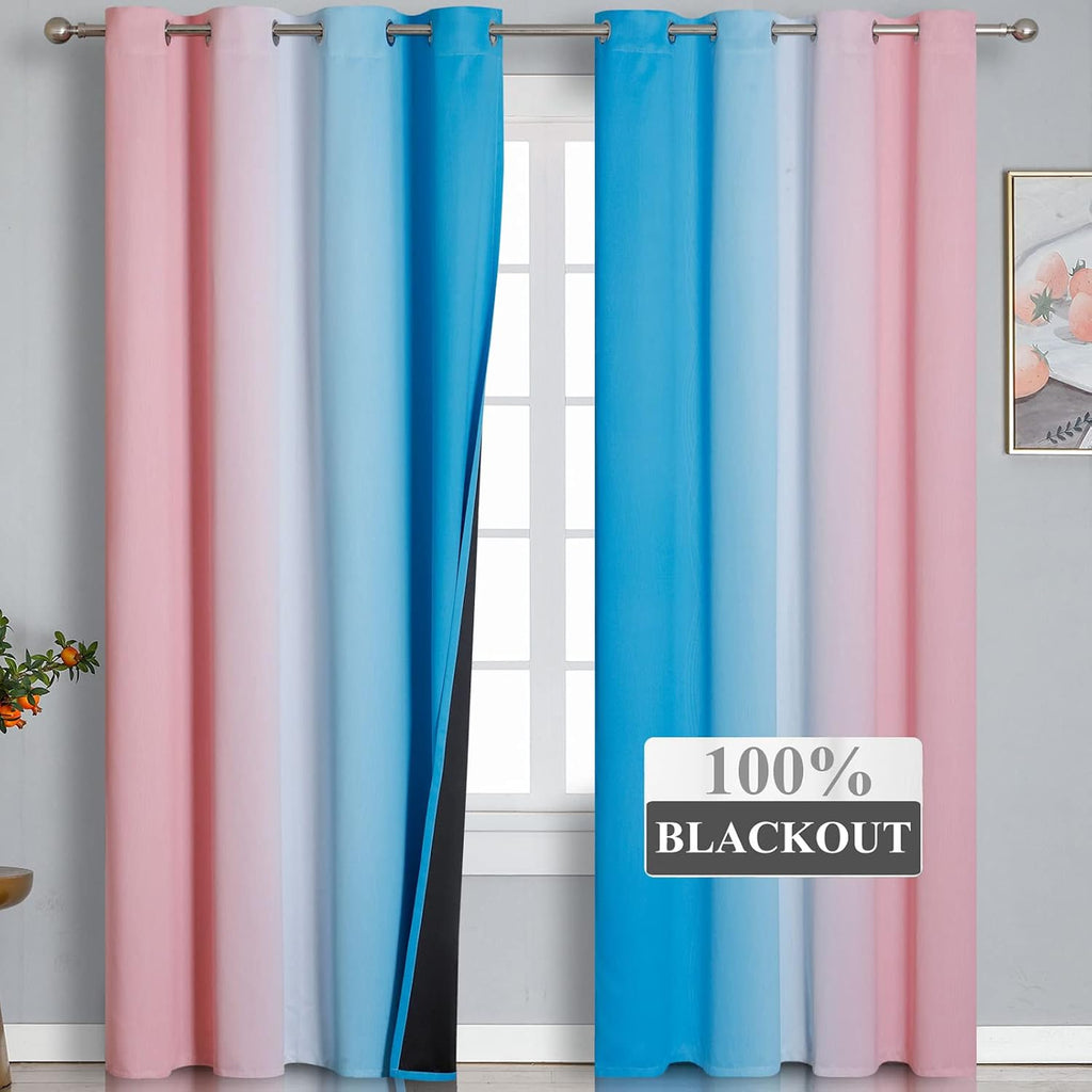 Estelartextiler Estelar Textiler Pink and Blue Ombre Blackout Curtains 96 Inches Long, Full Room Darkening Grommet Curtains for Bedroom, Th…