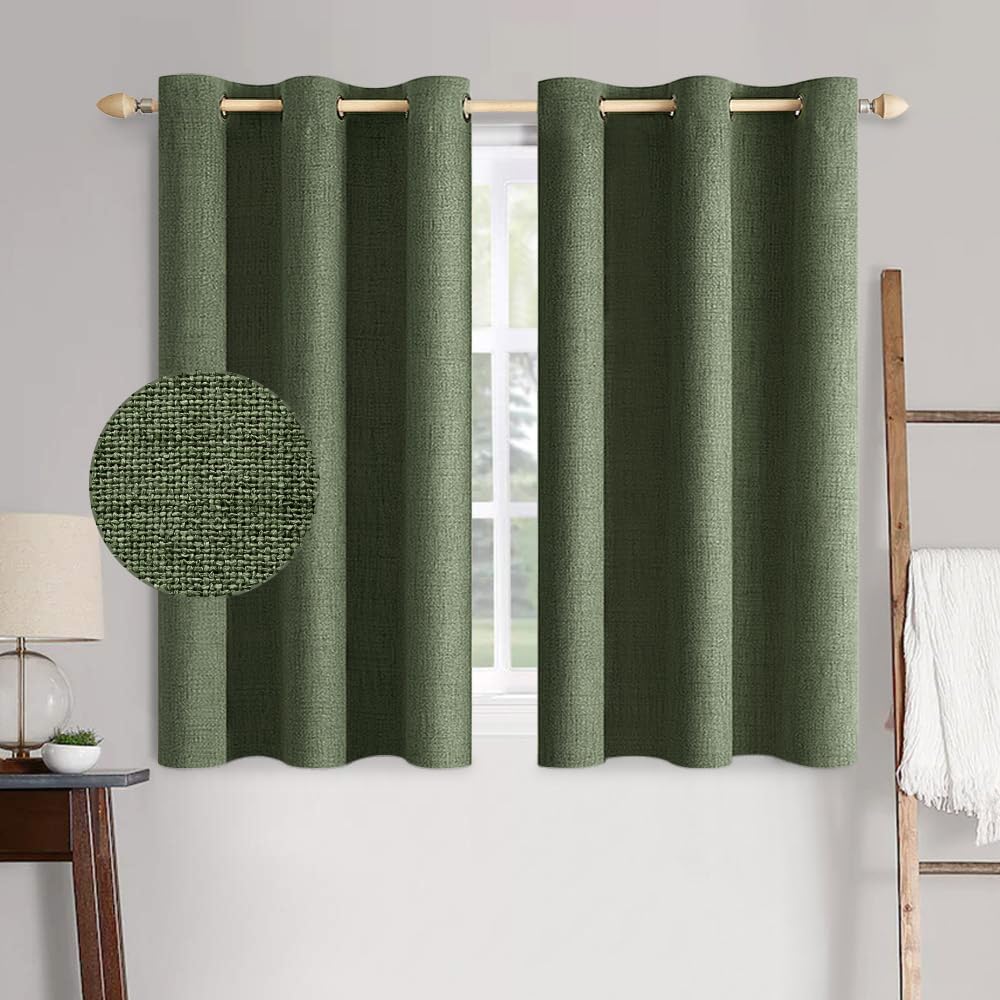 Miulee 100% Blackout Linen Textured Curtains for Bedroom Solid Thermal Insulated Olive Green Grommet Room Darkening Curtains & Drapes Luxur…