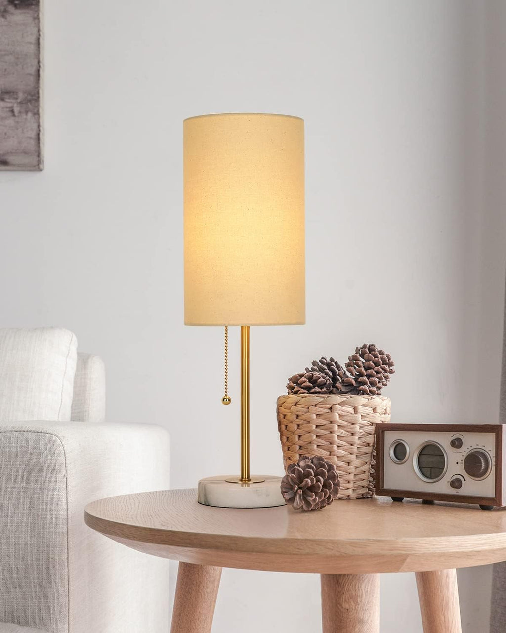 JUNNAI 18.5" Desk Lamp & Table Lamp Set of 2, Skinny Bedside Lamp with Marble Base, Pull Chain Switch, 3-Way Dimmable, Linen Fabric…