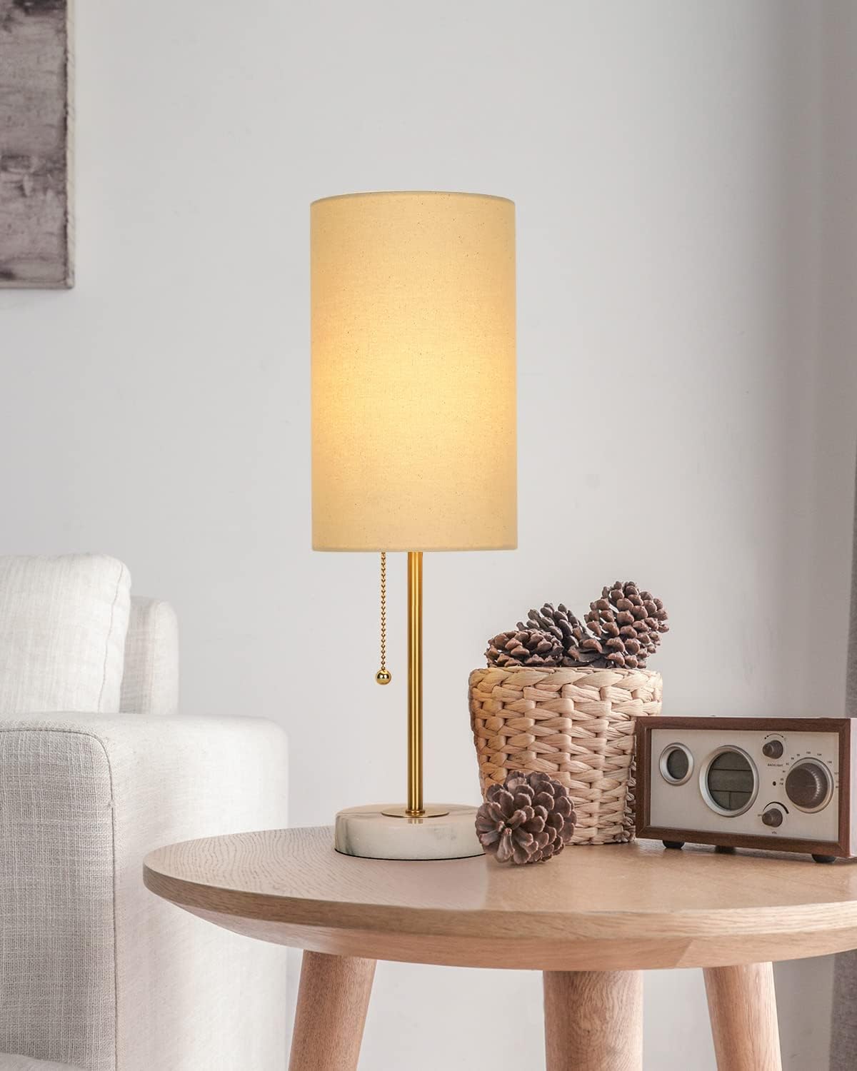 JUNNAI 18.5" Desk Lamp & Table Lamp Set of 2, Skinny Bedside Lamp with Marble Base, Pull Chain Switch, 3-Way Dimmable, Linen Fabric…