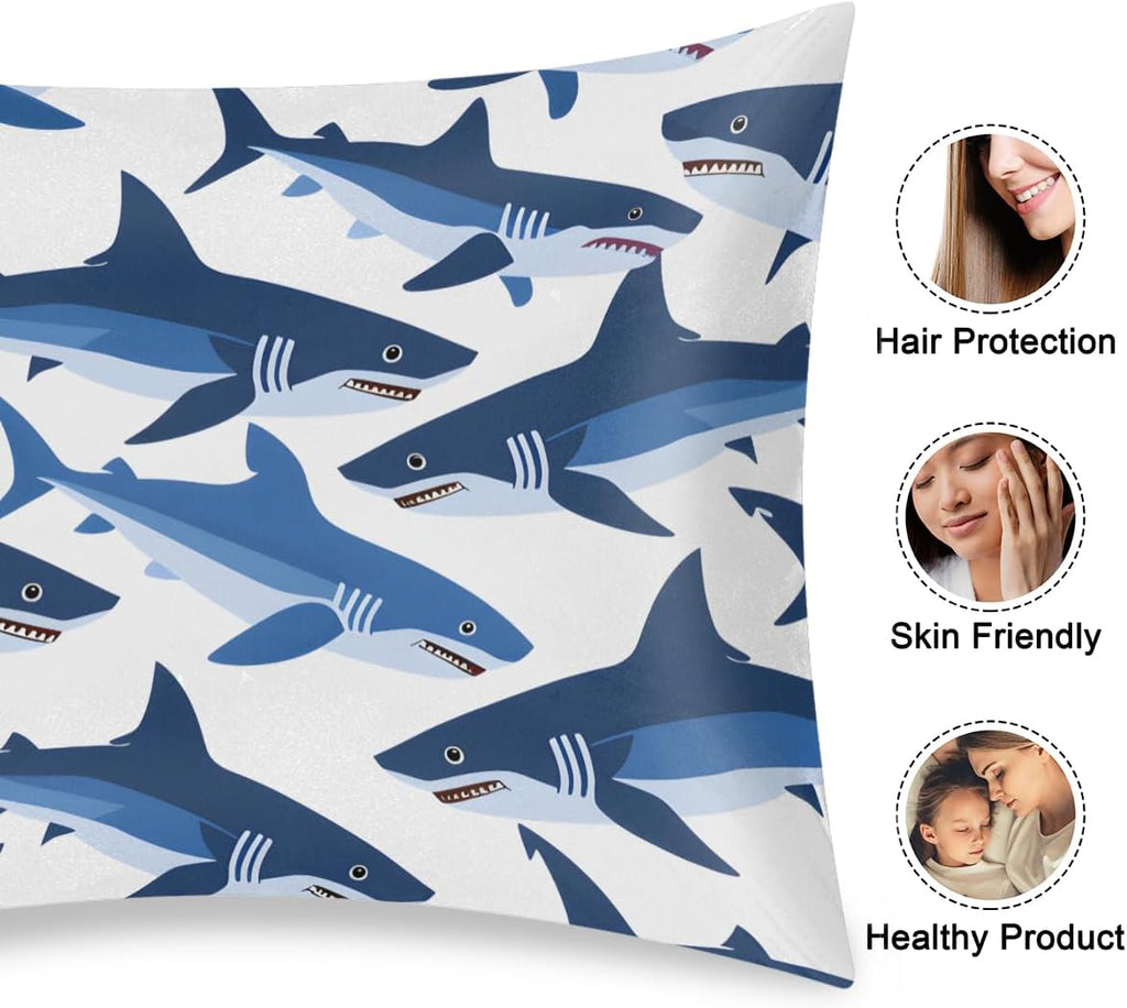 Shark Blue Animal Satin Silk Pillowcase for Hair and Skin Pillow Cases Queen Size Soft Silk Pillow Case with Envelope Closure Print Satin…