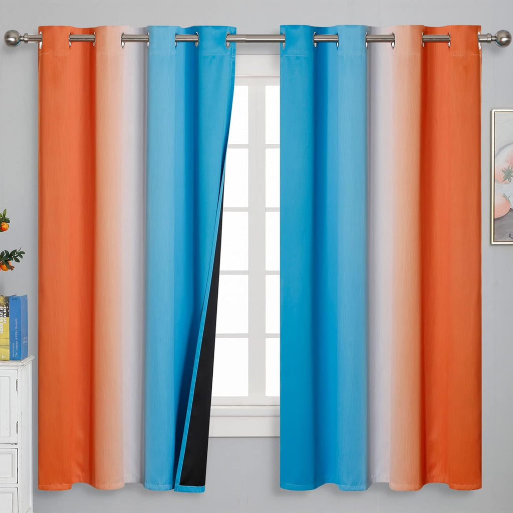 Estelartextiler Estelar Textiler Ombre Orange and Blue Curtains 63 Inch Length 2 Panels, Total Blackout Curtains for Bedroom, Grommet Therm…