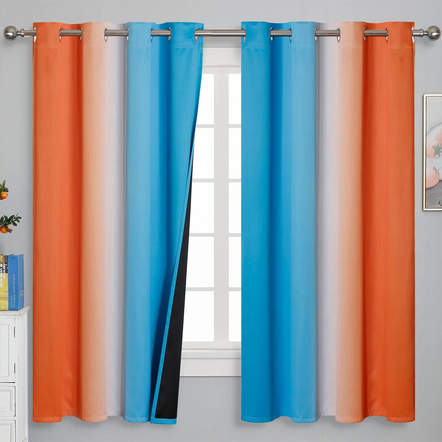 Estelartextiler Estelar Textiler Ombre Orange and Blue Curtains 63 Inch Length 2 Panels, Total Blackout Curtains for Bedroom, Grommet Therm…