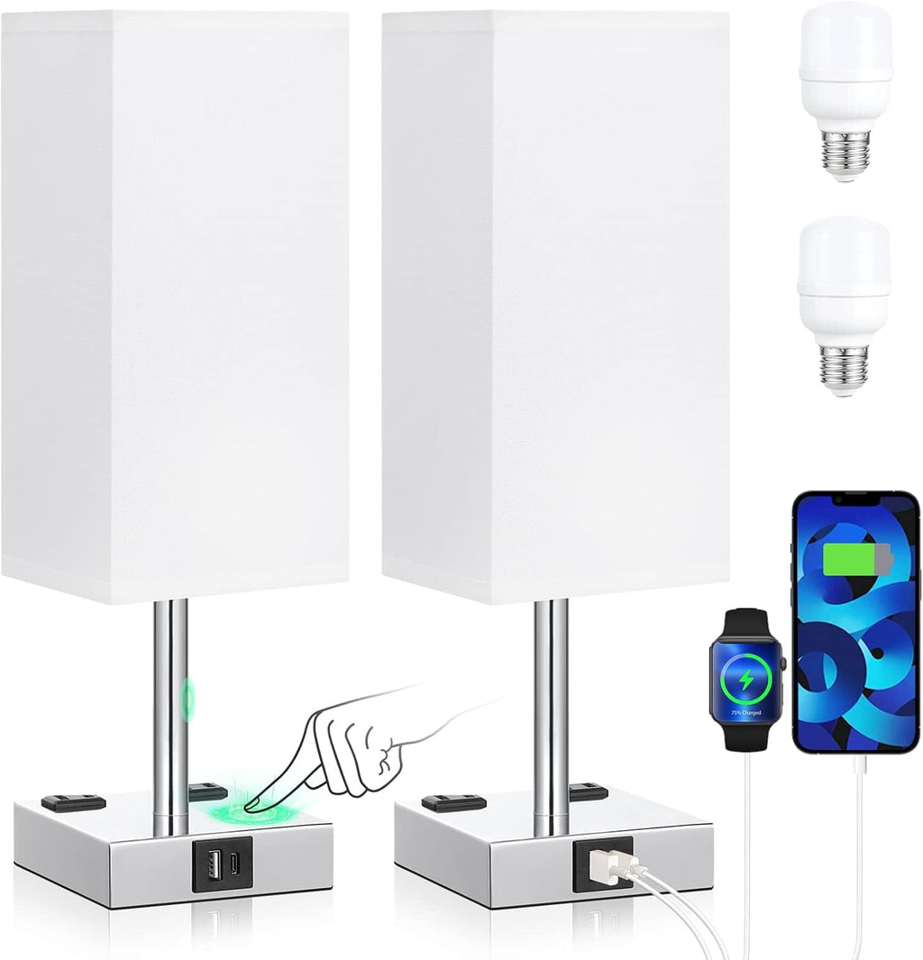 aooshine Set of 2 Touch Nightstand Lamp with USB-C+A Charge Ports& AC Outlets, 3-Way Dimmable Bedside Lamp with White Fabric Shade, Small…
