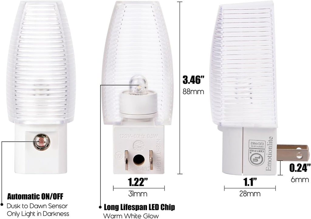 Emotionlite Plug in Night Light, Warm White LED Nightlight, Dusk to Dawn Sensor, Kids, Nursery, Bedroom, Bathroom, Hallway, Stairs…