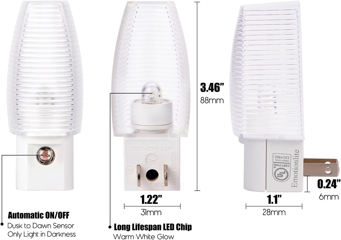 Emotionlite Plug in Night Light, Warm White LED Nightlight, Dusk to Dawn Sensor, Kids, Nursery, Bedroom, Bathroom, Hallway, Stairs…