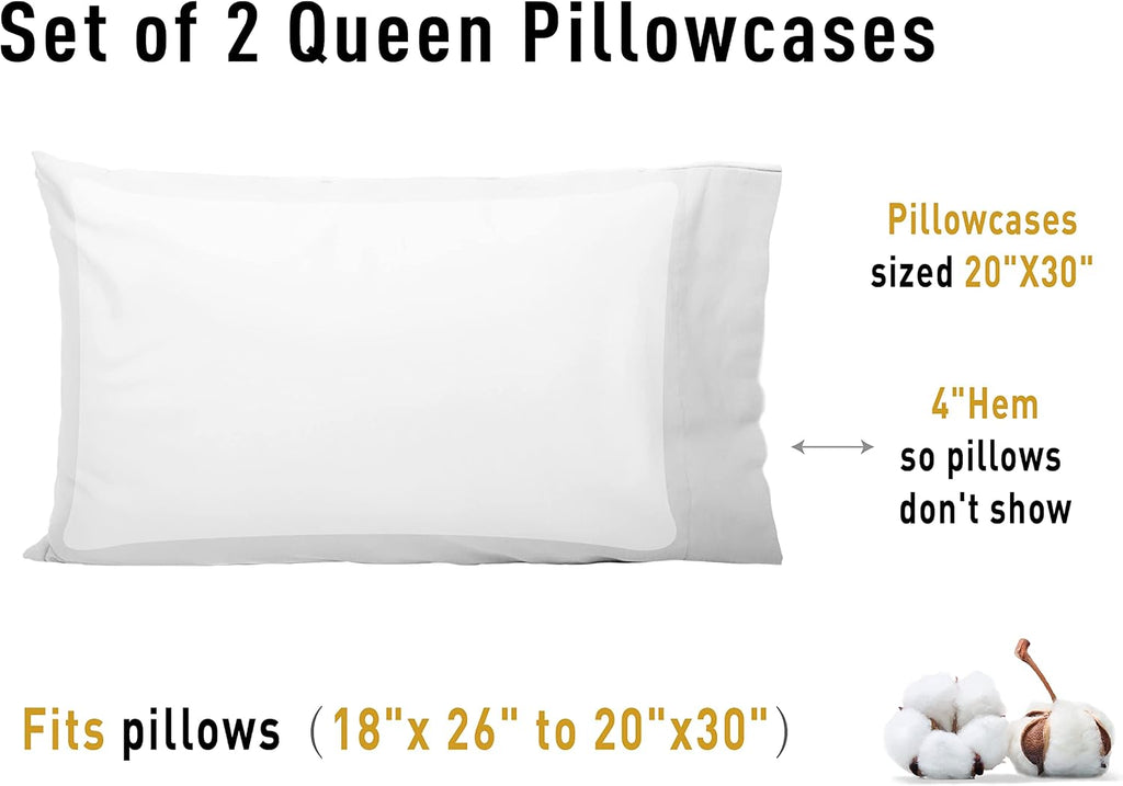 Sunflower Queen Pillowcases Set of 2, 100% Cotton Queen Pillow Cases 2, 20×30 inches Bright White, Soft and Breathable