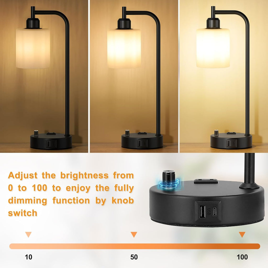Industrial Bedroom Lamps for Nightstand Set of 2 - Fully Dimmable Bedside Lamps with USB A C Ports and Outlet, Black Table Lamps with…