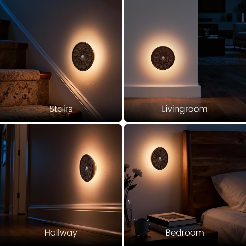 Wood Flower Motion Sensor Night Light, Mini Lamp with Embossed 3D Floral Surface, Rechargeable Warm Light, Stick-On Magnetic Mount for…