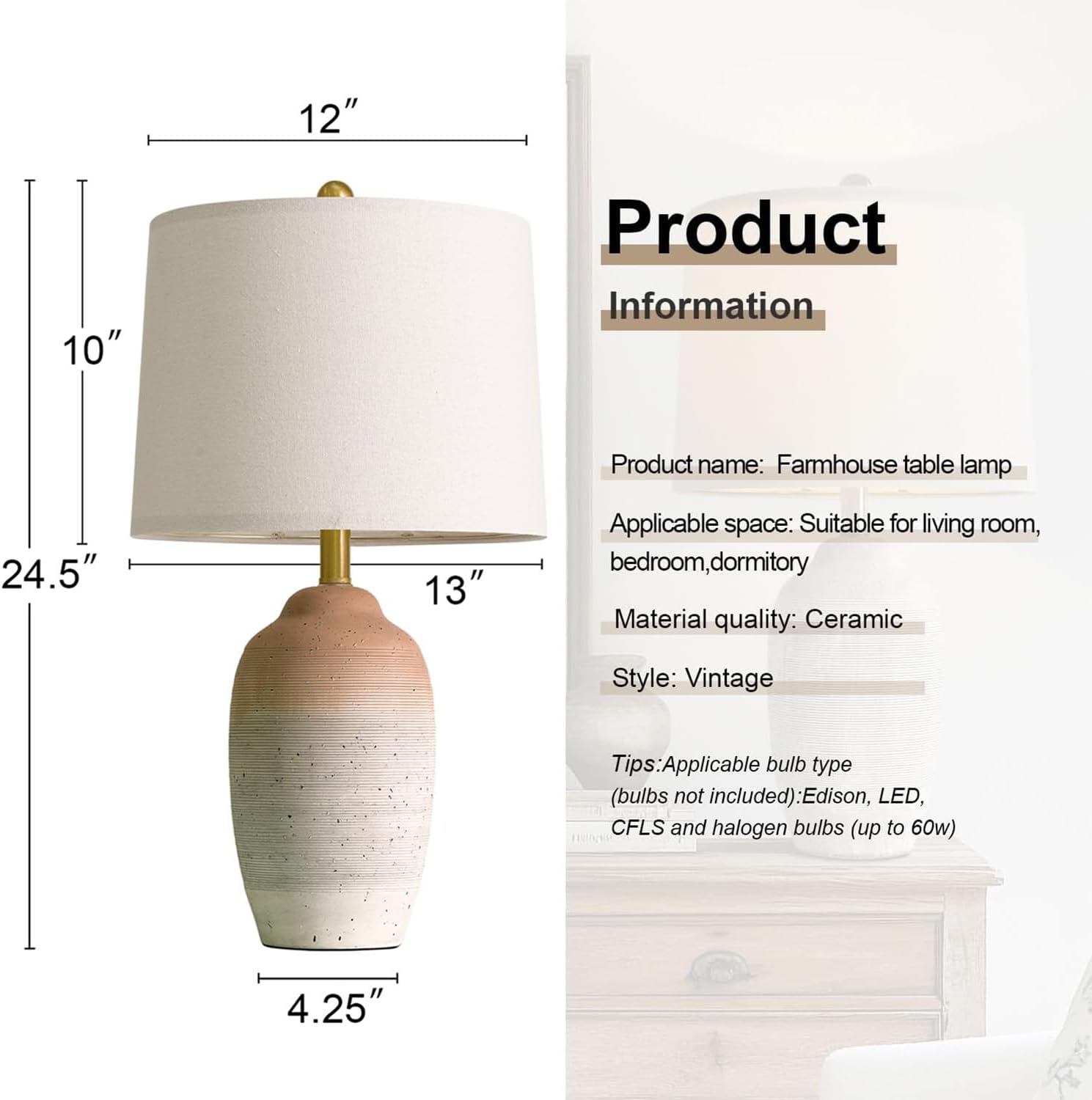 USumkky 24.5" Ceramic Table Lamp with 5FT Cord, Single Farmhouse Vintage Rustic Bedside Lamp for Living Room Bedroom Entryway, Linen…