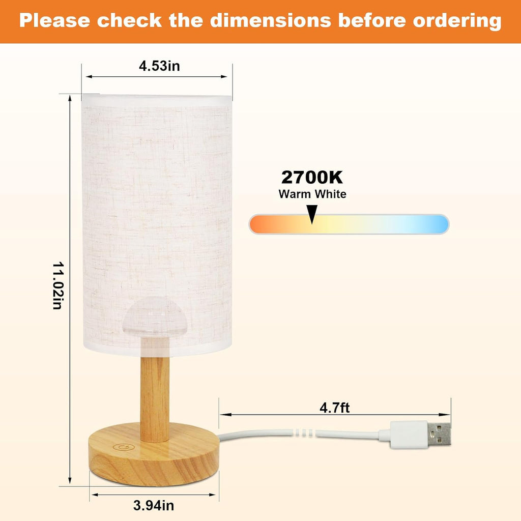 Small Touch Table Lamp with Stepless Dimming&USB Plug, Natural Round Wood Base&Linen Fabric Shade |Soft Ambient Warm Night…