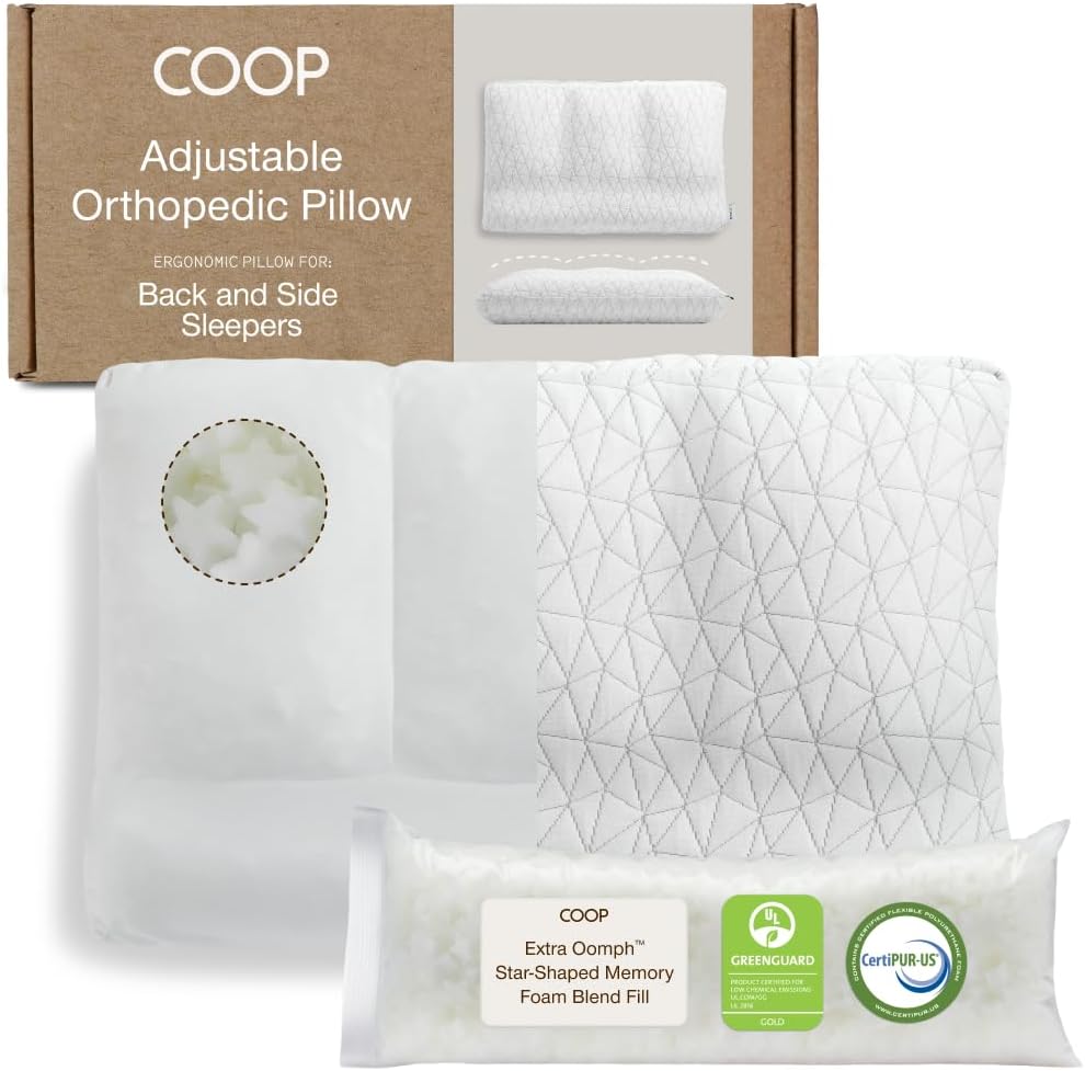 Coop Home Goods Adjustable Orthopedic Pillow Queen, Ergonomic Cervical Neck Support, Memory Foam Pillows for Side & Back Sleepers…