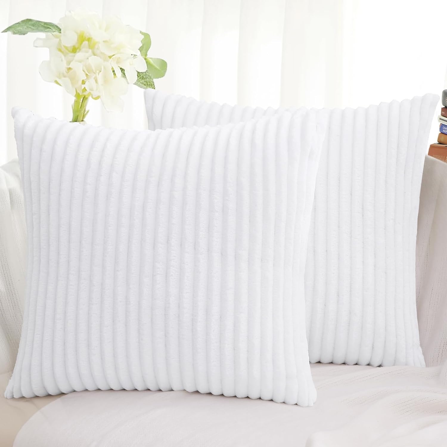SimmoreHomeDecor Simmore Decorative Throw Pillow Covers 18x18 Set of 2, Soft Natural Plush Flannel Double-Sided Fluffy Couch Pillow Covers…