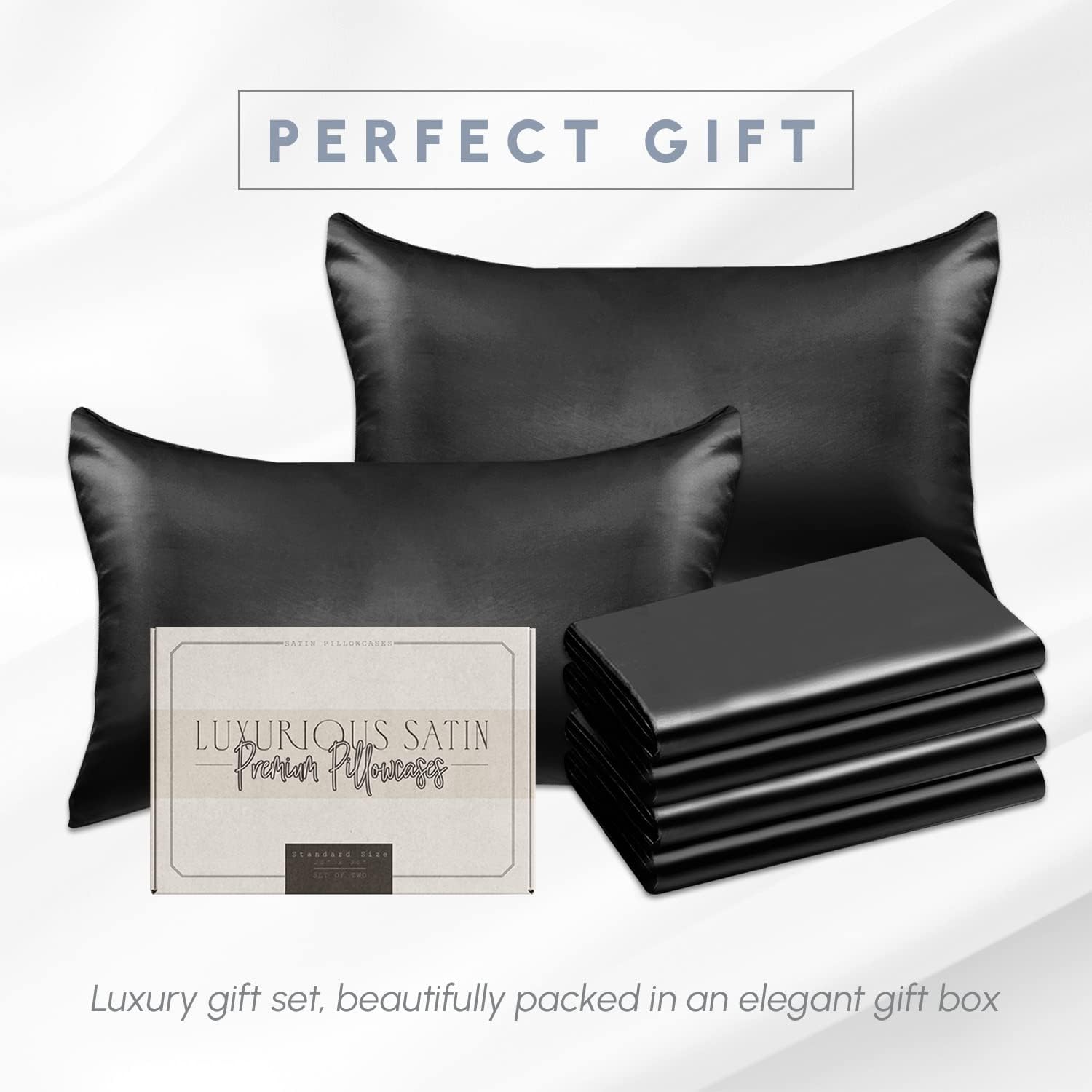 Elegantcomfort Elegant Comfort 6-Pack King Size Black Satin Pillowcase Set with Hidden Zipper Closure, 20" x 40" Black
