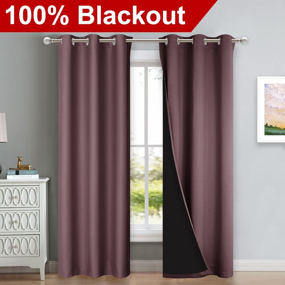 Nicetown Dry Rose Blackout Curtains 84 inches Long, Full Light Blocking Drapes with Black Liner for Nursery, Thermal Insulated Draperies fo…