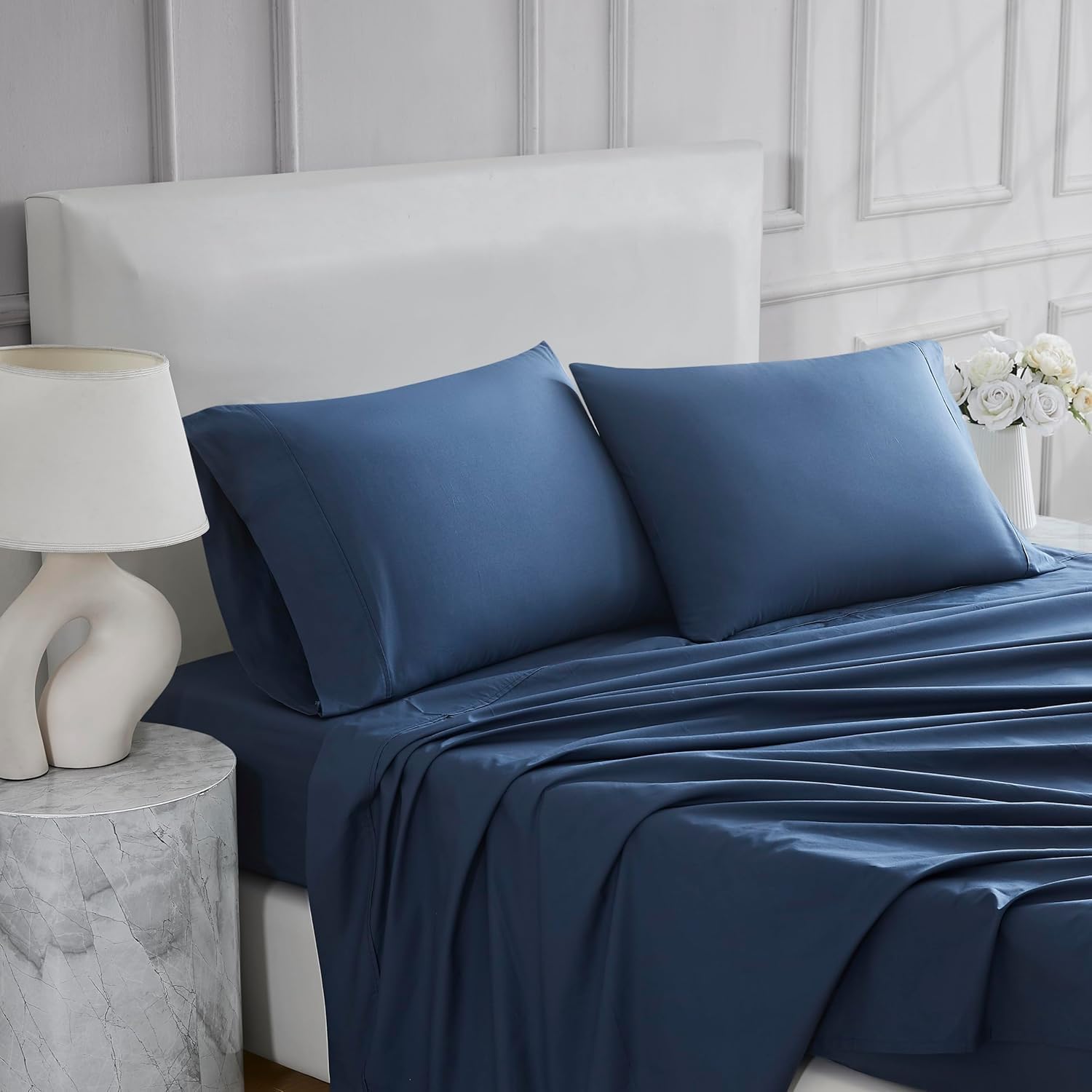 Linen Closet 4 Pcs 100% Cotton King Size Sheets Set, Navy, 400 Thread Count, Percale Weave, Deep Pocket Fitted Sheet, Fits Up To 18"…