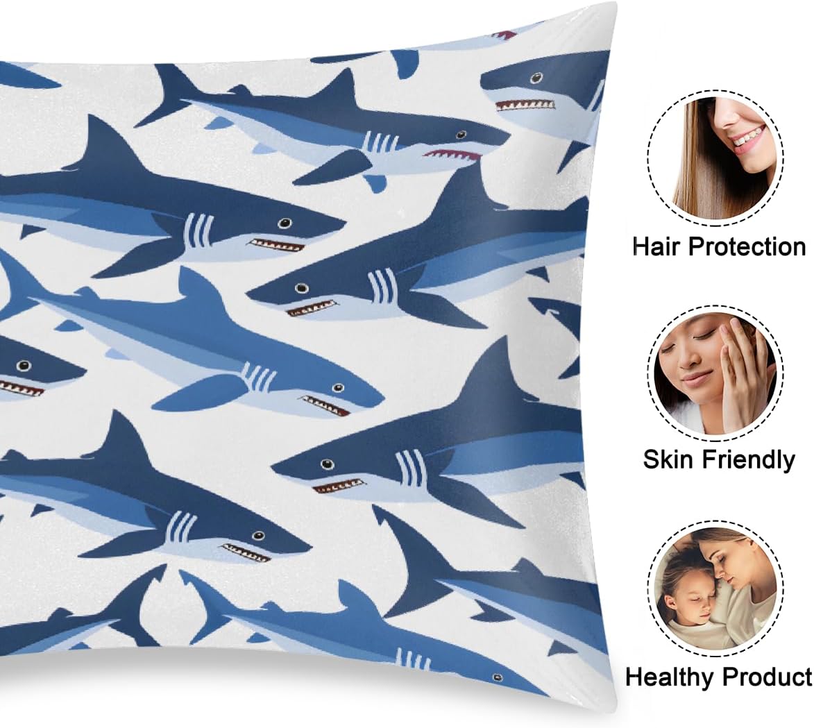 Satin Pillowcase for Hair and Skin Cool Blue Animal Shark Soft Silk Pillow Case with Envelope Closure Cooling Pillow Cases Slip Standard…