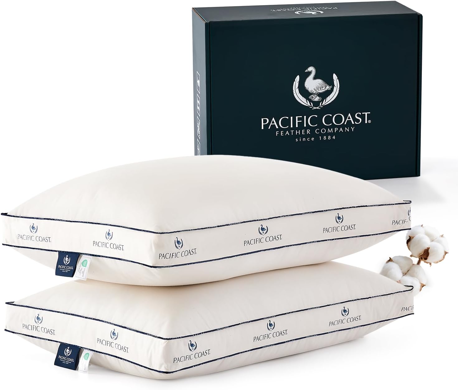 Pacific Coast Goose Feather and Down Pillows, with 100% Organic Cotton Cover, Standard Size Set of 2, Gusseted Design for Sleeping, Hotel…
