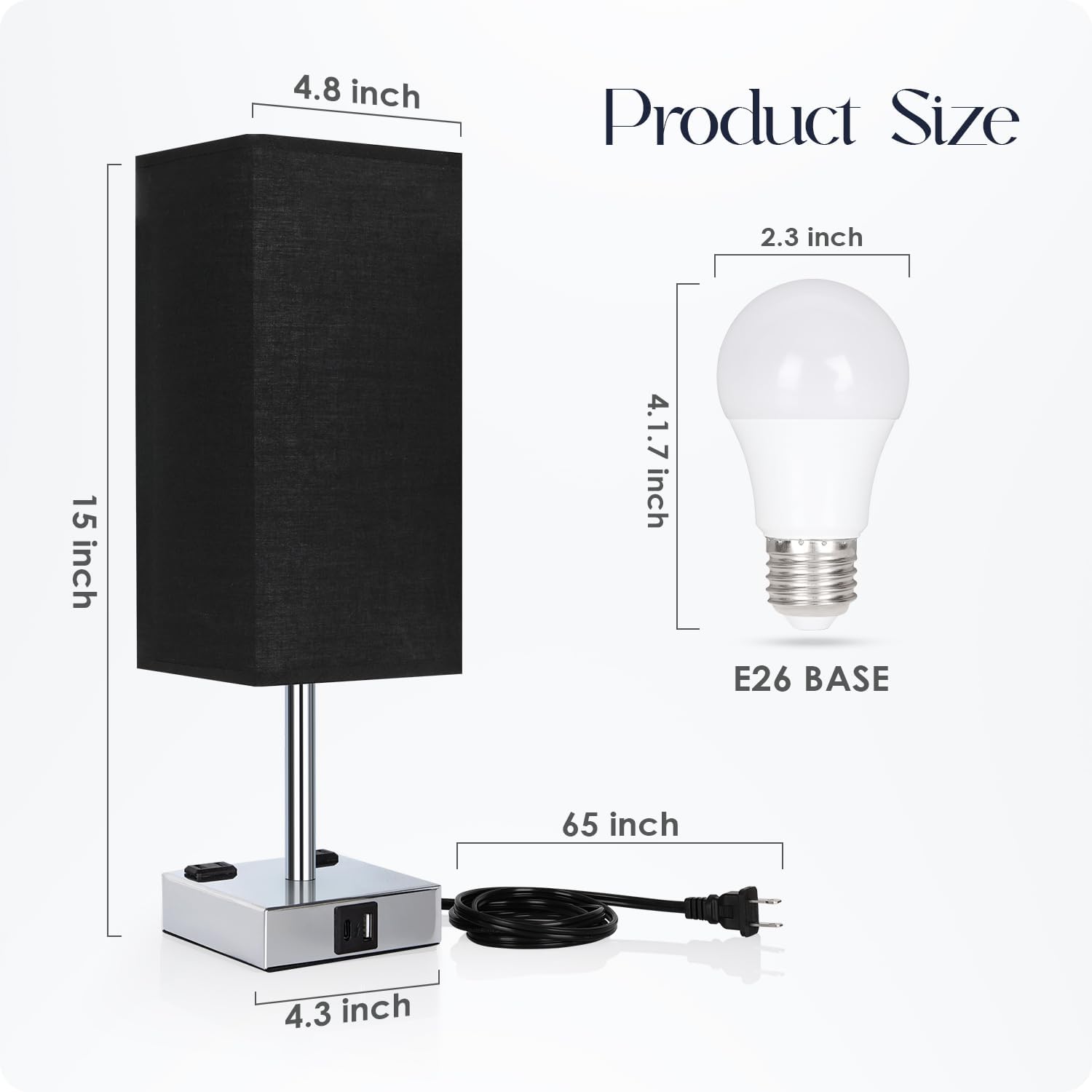 Set of 2 Bedside Table Lamp 3 Way Dimmable Nightstand Lamp with USB C & USB A Charging Port, 2 AC Outlets, 3000K LED Bulbs (Black)